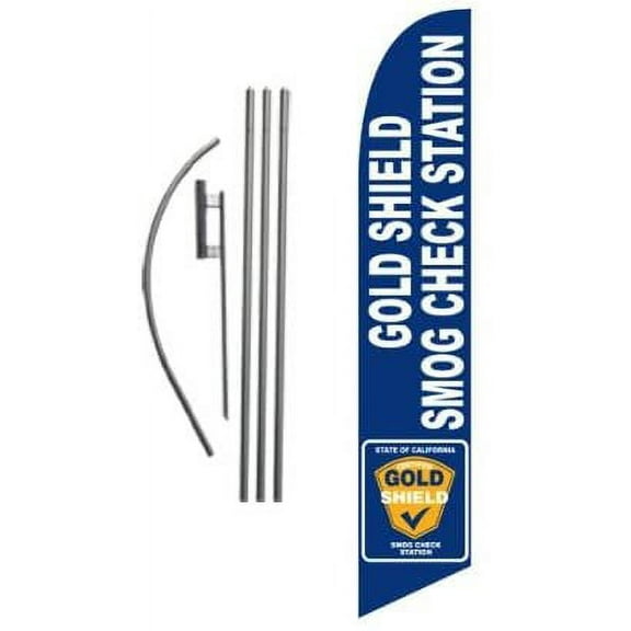 Gold Shield Smog Check Station 15ft Feather Banner Swooper Flag Kit - INCLUDES 15FT POLE KIT w/GROUND SPIKE