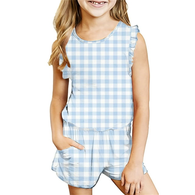 IFNWSV Ensembles d'Été pour Filles Mode Décontractée Sans Manches Col Rond Imprimé Ensembles de Shorts 7-8 Ans