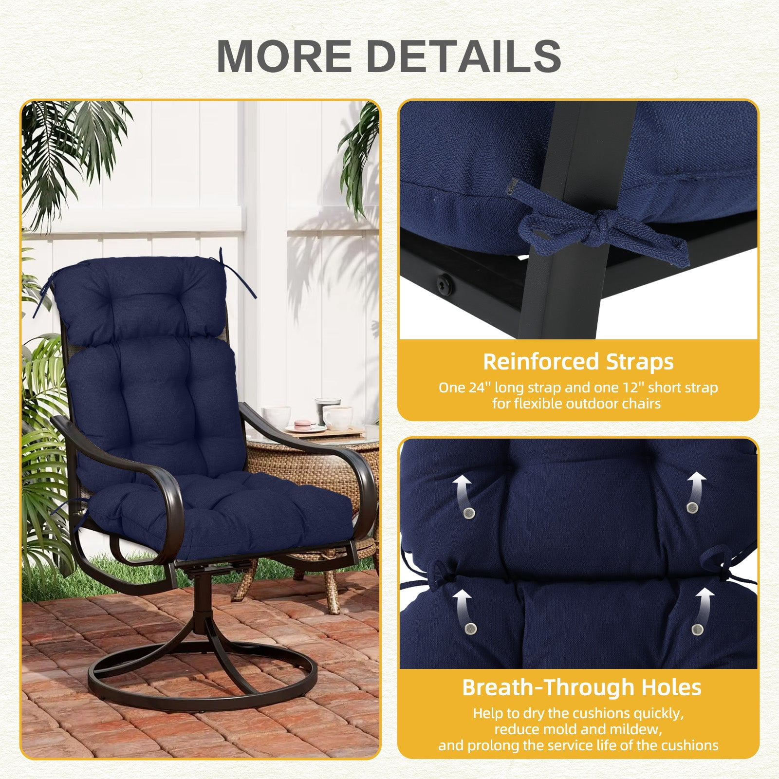 BPS Outdoor Chair Cushions, 45x22x5 Inch High Back Patio Dining Seat Cushion, Tufted Pads Set of 2, Dark Blue