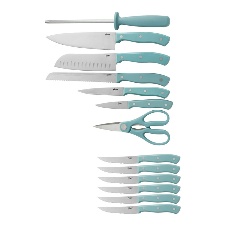 Oster Evansville 14 Piece Cutlery Set with Wood Block, Turquoise