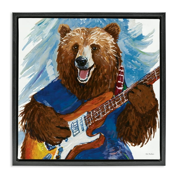 Stupell Industries Bear Playing Guitar Entertainment Painting Black Floater Framed Canvas Art Print Wall Art, 18 x 18