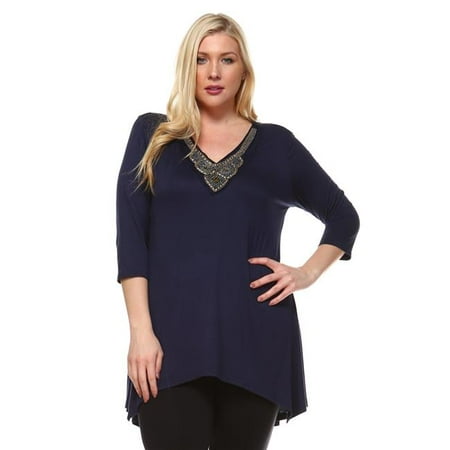 White Mark PS1291-01-3XL Women Plus Size Luna Tunic Top - Navy, 3XL