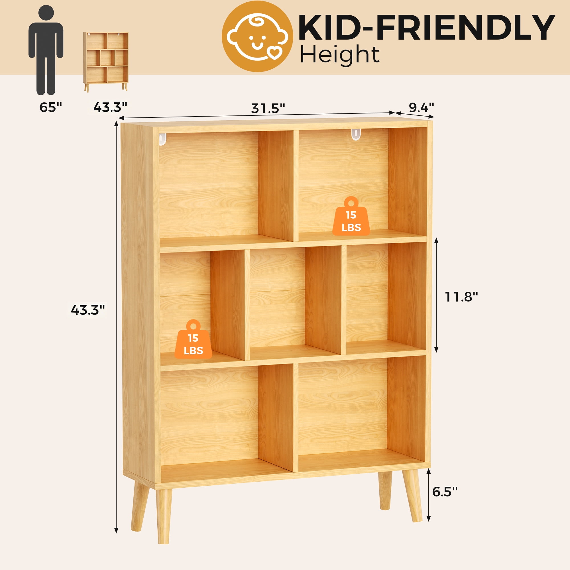 EDX Wooden Cube Bookshelf, Open 3-Tier Bookcase with Legs, Freestanding Bookshelves Storage Organizer Shelf, for Bedroom, Living Room, Office, Natural wood