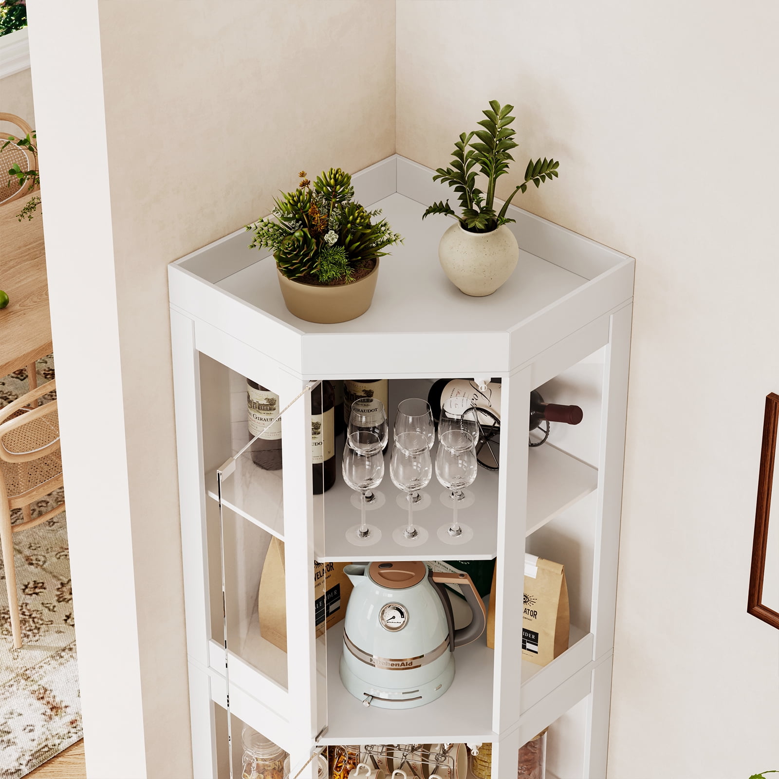 70'' Tall Corner Cabinet with Glass Doors, Modern Display Cabinet for Kitchen, Dining Living Room, Bathroom, White