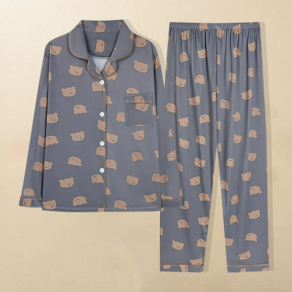 Gapacks Womens Gray Teddy Bear Print Pajama Set - Long Sleeve Button-Down Top & Elastic Waist Pants, Soft Stretch Polyester Spandex, Sizes M-XXL,Size XL
