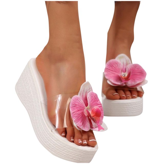 Wedge Sandals for Women Platform Slipper High Heel Clear Strap Flower Decor Open Toe Summer Slide Sandals White
