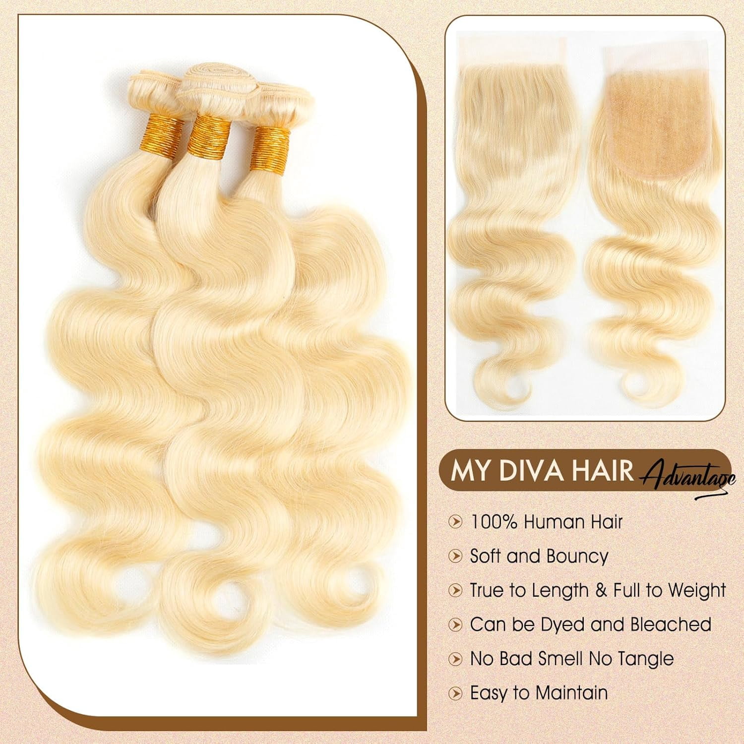 613 Bundles with Closure Human Hair 14 16 18 + 12 inch Blonde Body Wave Human Hair Bundles with Closure 100% Unprocessed Virgin Human Hair Weave Extensions with 4x4 Transparent Lace Closure