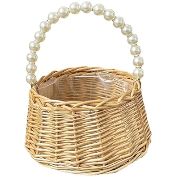 wonima44 Flower Girl Basket, Small Wicker Flower Girl Baskets with Pearl Handle, Boho Rustic Flower Girl Basket for Wedding, Basket for Flower Girl Proposal Party,Picnic Storage Baskets (Brown)