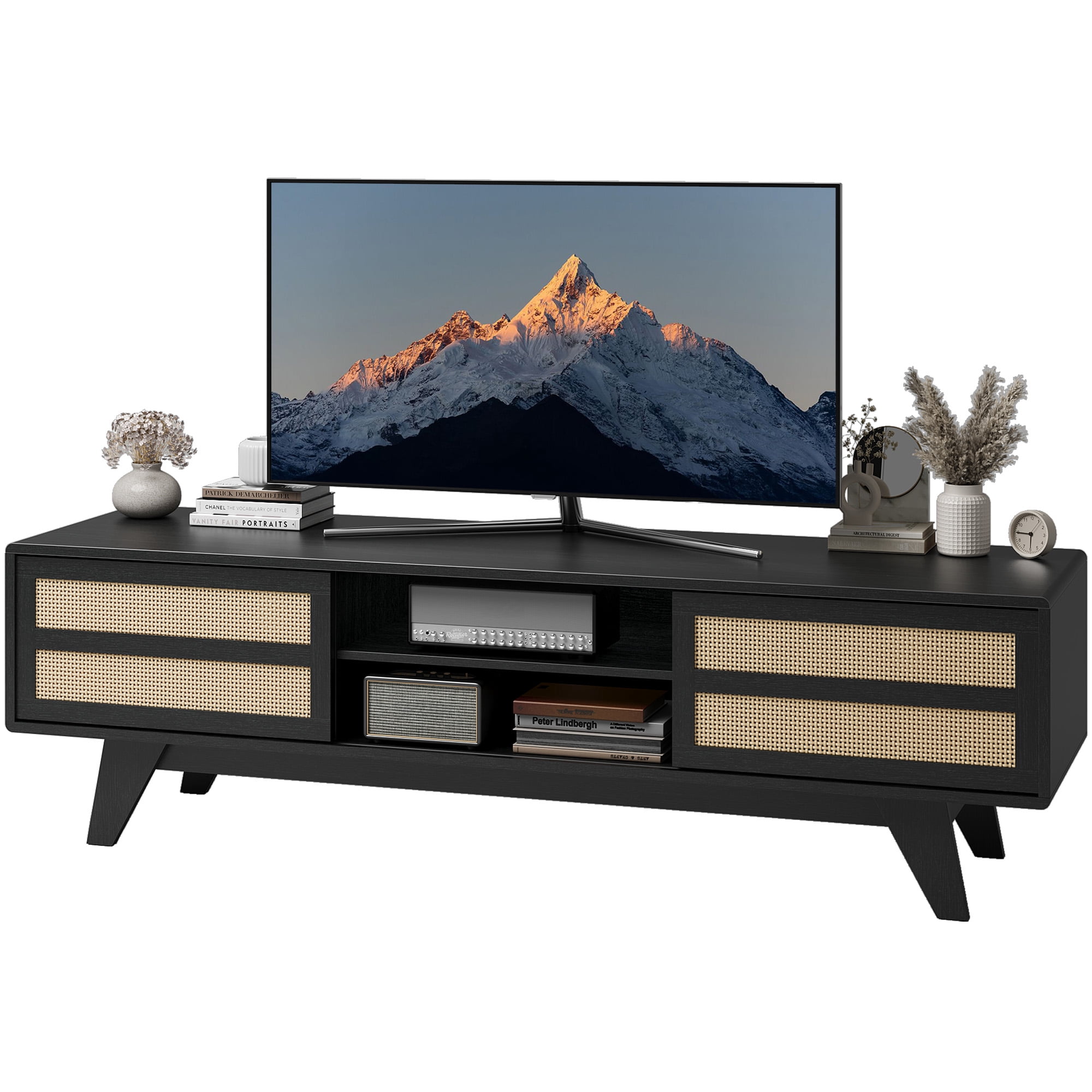 Home Modern Style 65 inch TV Stand for Living Room - Low Profile TV Stand for TVs up to 65 inches Entertainment Center with Storage - Media Cabinet with 2 Doors & Adjustable Shelves,Black