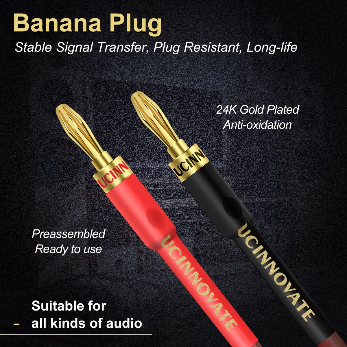 UCINNOVATE 14 AWG Speaker Wire with Banana Plugs, 2X 3m HiFi OFC Speaker Cable with Gold-Plated Right Angle to Banana Plugs Audio Cord for Audiophile (9.8FT)