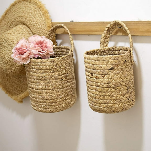Wall Hanging Storage Baskets Small Seaweed Woven Closet Storage Bins Hanging Rope Basket Flower Plants Wall Basket Decor/ White Wall-Mounted Storage Basket