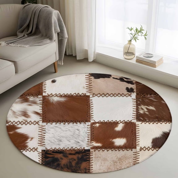 Round Rugs 4Ft, Brown Beige Round Area Rug Washable Indoor Throw Carpet, Vintage Art Plaid Farmhouse Checkered Soft Non Slip Circle Rug for Kitchen Nursery Room Home Decor Aesthetic