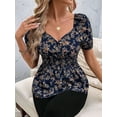 thumbnail image 3 of Womens Short Sleeve T Shirts V Neck Casual Collared Tops Puff Sleeve Work Tunic Blouses Blue S, 3 of 8