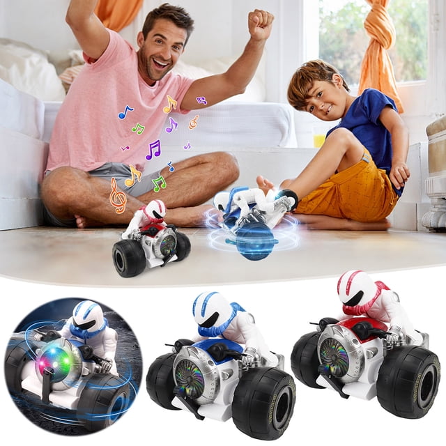 Triciclo de juguete de motocicleta acrobática | Bicicleta robótica giratoria de 360° | Coloridos efectos de iluminación LED | Juguete de movimiento de plástico a pilas | 18,5x18x14cm | Vehículo de