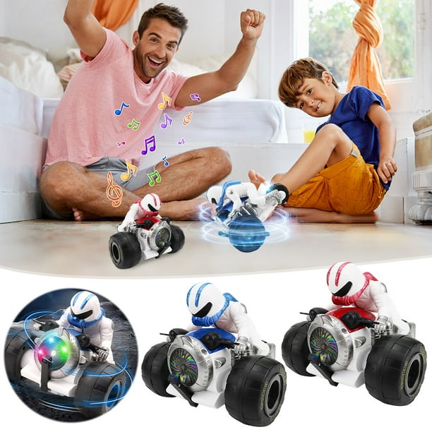 Juguete de motocicleta acrobática | Triciclo giratorio de 360° con efectos de iluminación robóticos | Luces LED de colores | Plástico | Alimentado por batería | Bicicleta de truco universal