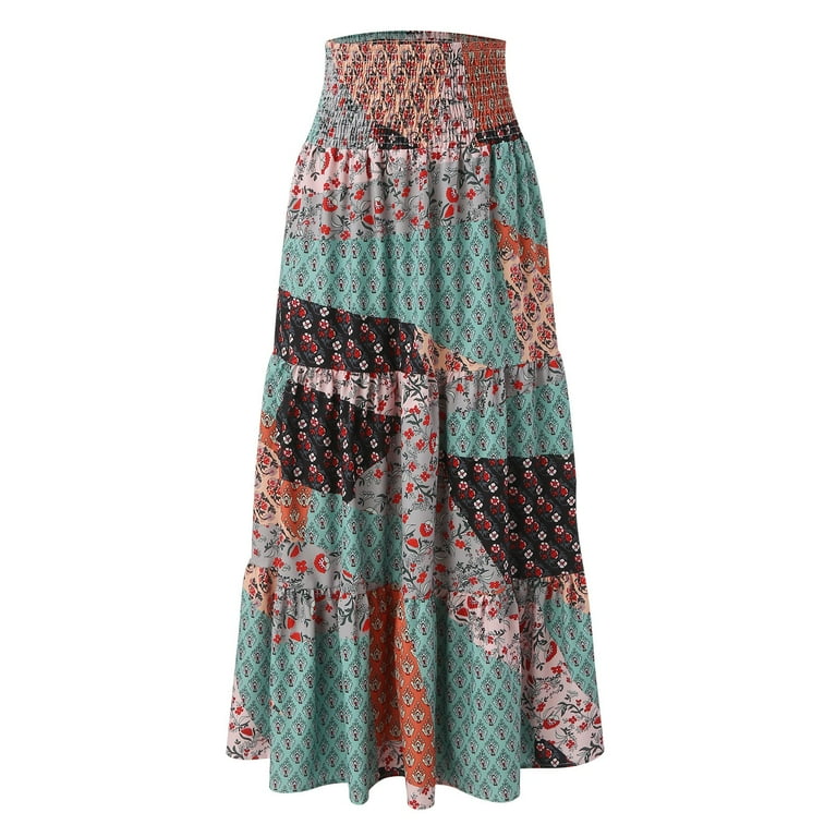 Vedolay Fringe Skirts Women Boho Gypsy Long Maxi Tiered Peasant Skirt Plus Size Green L