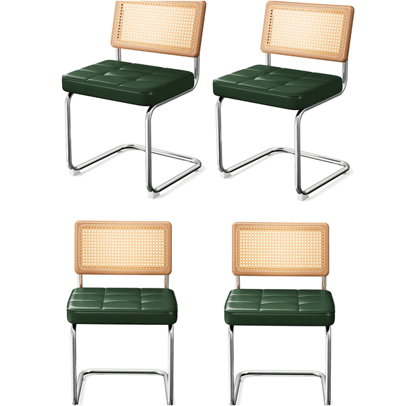 JERFIT Modern Faux Leather and Rattan Dining Chairs Set of 4, Mid Century Design Stackable Chairs for Kitchen, Dining Room, Living Room