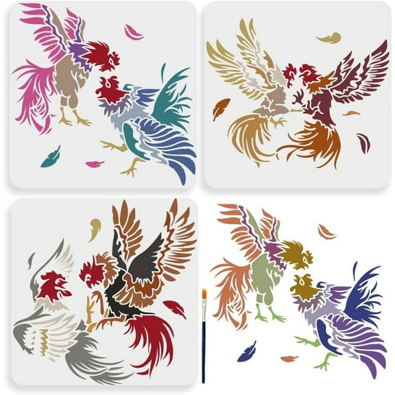 3pcs Chicken Cockfighting Stencil 11.8×11.8inch Large Rooster Chicken Hen Stencil Stencils with Paint Brush Farmhouse Cock Hen Template for DIY Craft Furniture Wood Canvas Paper for DIY