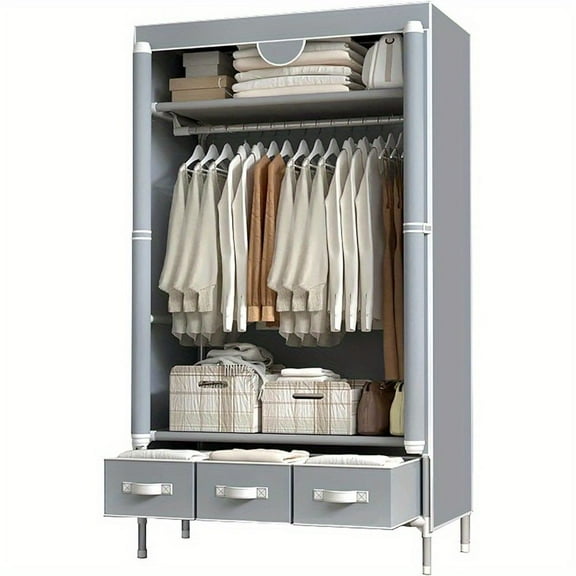 Portable Clothes Closet Rolling Door Wardrobe with Hanging Rack Non-Woven Fabric Storage Organizer with Three Drawer Boxes No-Tool Assembly - 67in*35.4in*17.7in(Gray)