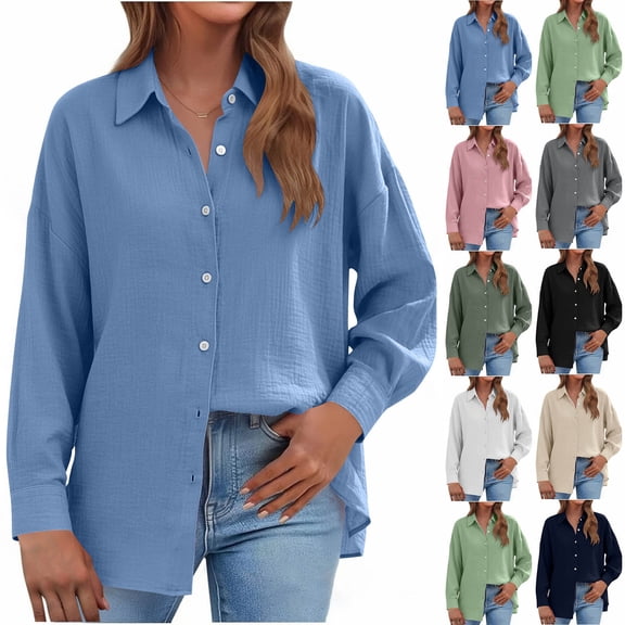 YFNNUP Womens Button Down Shirts Long Sleeve Tunic Tops Dressy Busienss Casual Blouses Trendy Collared V Neck Work Top White S