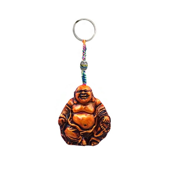 Happy Buddha Spiritual 3D Figurine Keychain Multicolored Macramé Metal Ring - Handmade Gifts Boho Car Keys Bag Accessories