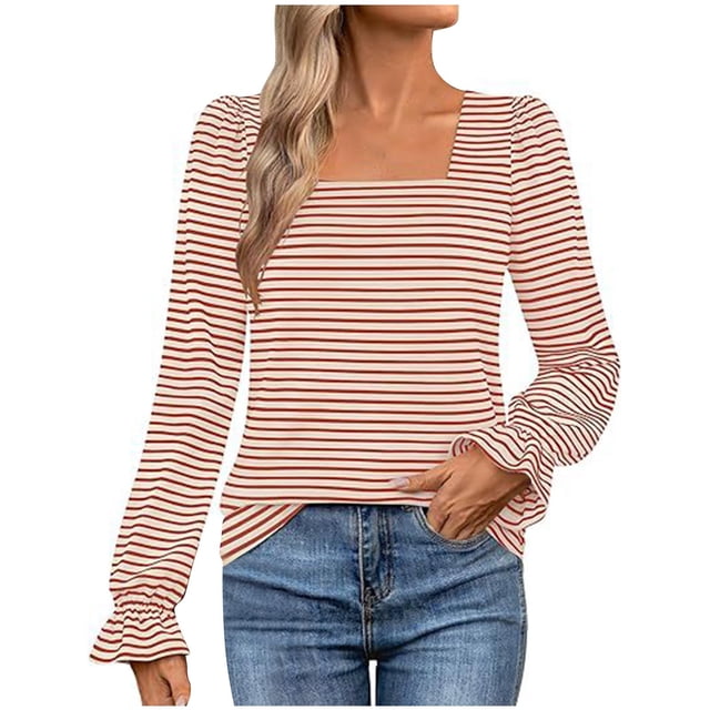 Bowake T-Shirts à Manches Longues pour Femmes Automne 2024 Décontracté Tendance Rayé Col Carré Tunique pour Sortir