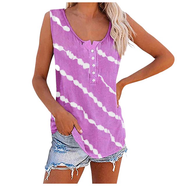 Timegard Plus Size Tank Tops for Women Striped Sleeveless Button Round Neck Shirts Casual Print Tunic Top