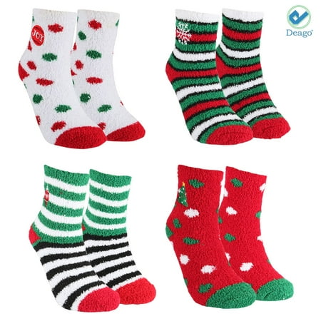 Deago 4 Pairs Women's Christmas Fuzzy Fluffy Socks Winter Warm Cozy Socks Cute Cartoon Holiday Crew Socks for Xmas Gift
