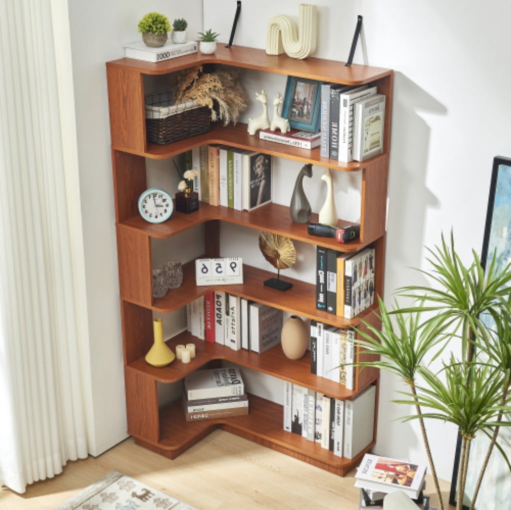 5-Tier L-Shaped Corner Bookshelf, 35.43" Freestanding Wooden Bookcase with Anti-Drop Panels & Anti-Tip Device, Open Display Storage for Living Room, Bedroom & Home Office, Dark Oak