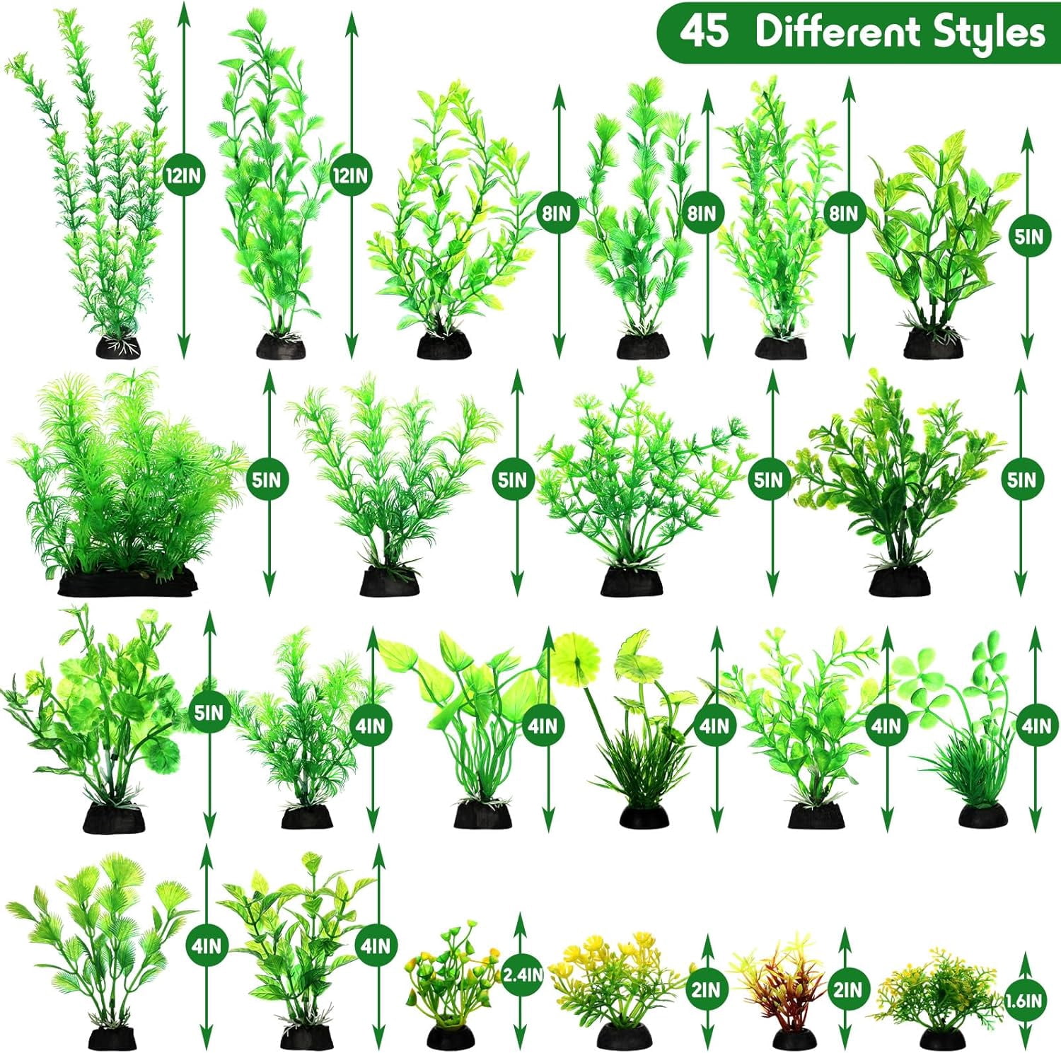 100 Pcs Aquarium Plants Artificial Fish Tank Decorations 1.57 to 11.81 Inches Plastic Fish Tank Plants Turtle Betta Accessories for Household and Office, 45 Styles