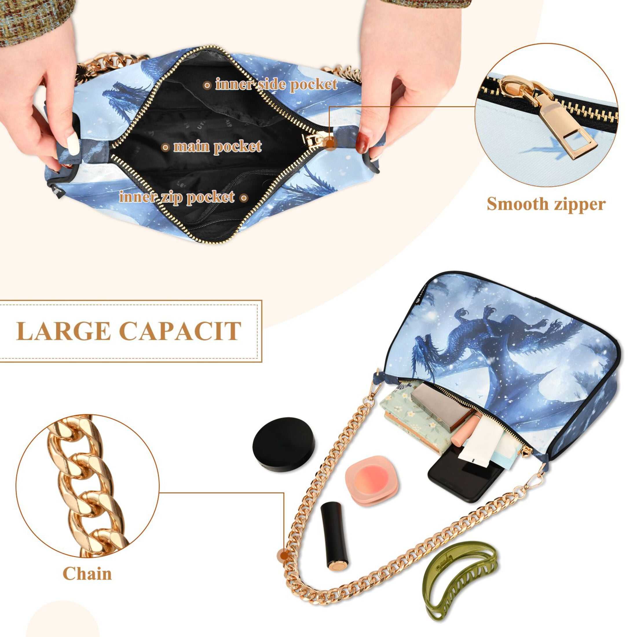 Ryvnso Dragon Flying in Winter Womens Chain Shoulder Bag Tote Handbags Clutch Hobo Purse with Zipper for Travel