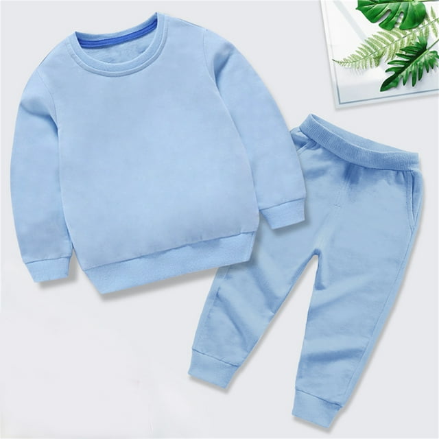 LSLJS Ensemble Automne Hiver pour Tout-Petits Garçons Filles, Bonbon, Couleur Unie, Chandail à Col Rond et Pantalon de Jogging ( Bleu Pâle, 8-9 Ans )