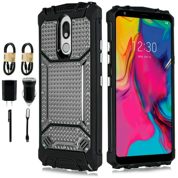 Value Pack + for LG Stylo 5 Metal Titanium Case Hybrid Phone Case Magnet Mount Ready Grip Grids Kick stand Slim Shock Bumper Cover (Gray)