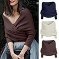 thumbnail image 3 of shoper Knitted Shawl with Sleeves Fall Fashion Off Shoulder V Neck Asymmetric Hem Knit Cropped Sweater Top Warm Pashminas Shawl Scarf Sweater Ponchos, 3 of 6