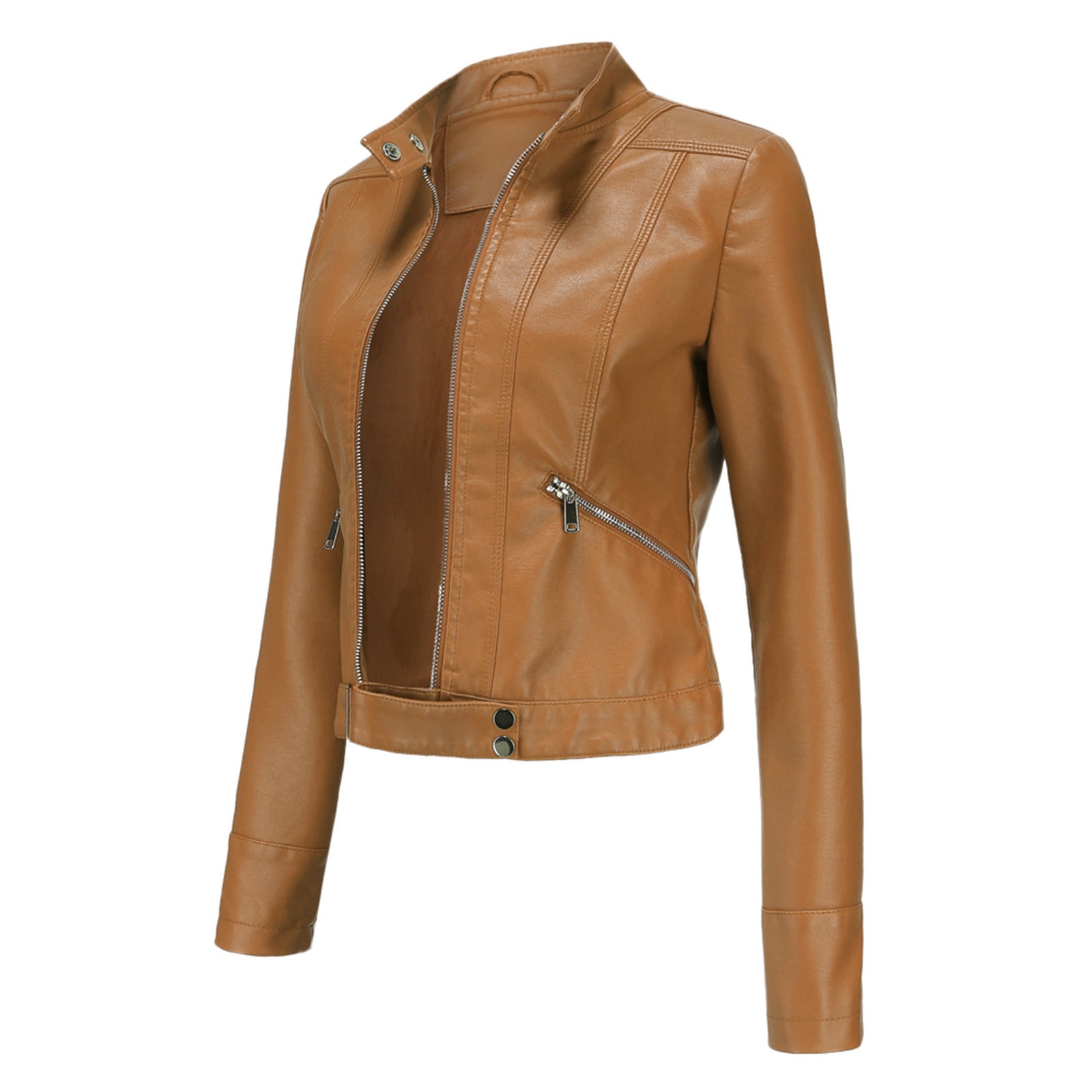 BLTIBY Women's Faux Leather Jackets, Spring Fall Zip Up Black Stand Collar Motorcycle Short PU Moto Biker Outwear Fitted Slim Coat Coffee L