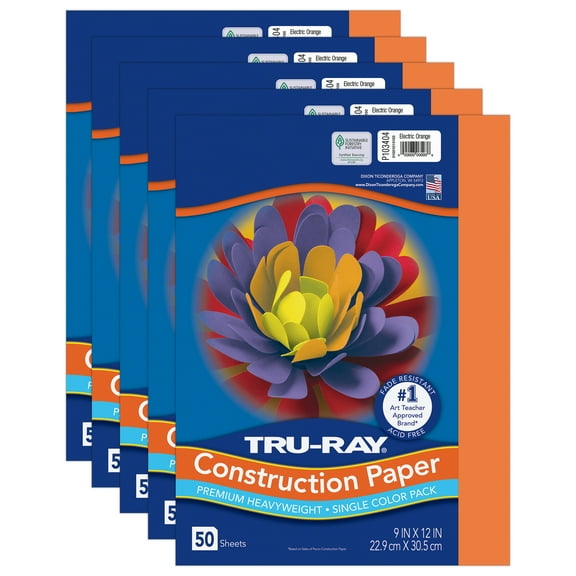 Tru-Ray Construction Paper, Heavyweight, Electric Orange, 9" x 12", 50 Sheets Per Pack, 5 Packs