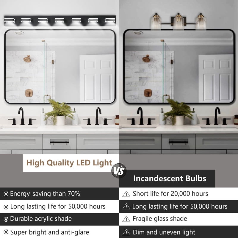45" Modern 7-Light Black Sleek LED Vanity Light for Bathroom, Wall Mounted Dimmable Fixture with Iron Frame and Acrylic Shade, Ideal for Over Mirror Lighting