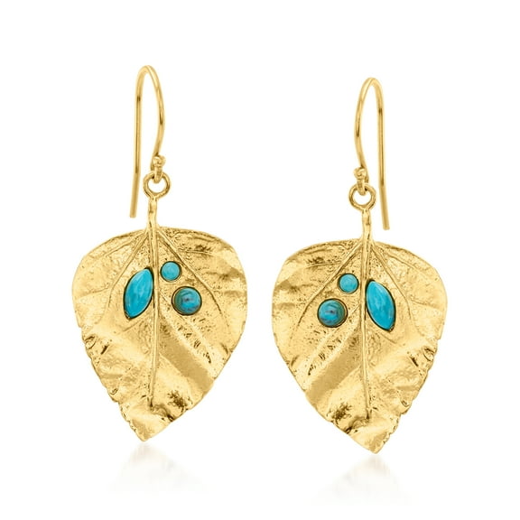 Ross-Simons Turquoise and 18kt Gold Over Sterling Leaf Drop Earrings, Women's, Adult