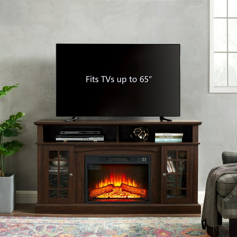Classic Style TV Stand Modern Entertainment Console with 23 Fireplace Inset for TV Up to 65 with Open and Closed Storage Space Espresso