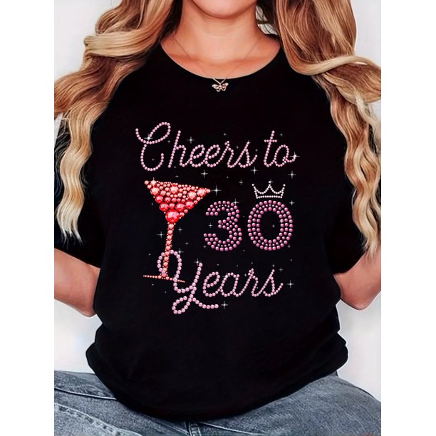 Women's T-shirt, "Diamond Wine Glass Pink 30" print, retro minimalist fashion, round neck, casual comfort, sports short-sleeved T-shirt