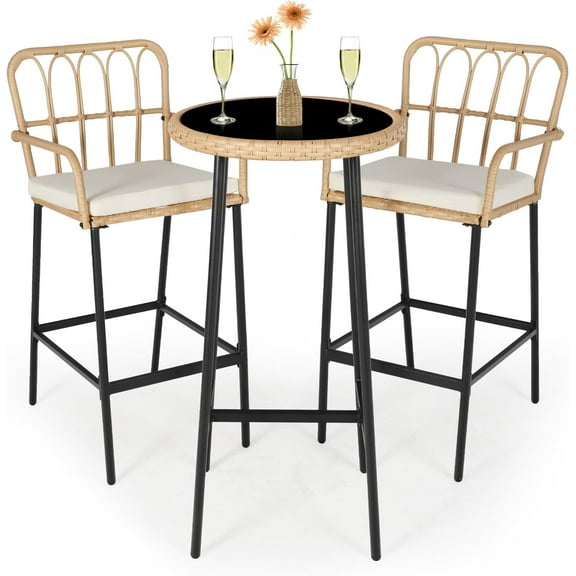 LYNSLIM Outdoor Bar,3 Piece Height Table Patio Rattan Wicker Furniture Chairs Set,22" Patio Bar Table and Outdoor Bar Stool Set of 2,with Removable Cushions for Backyards, Porches (Set for 3)