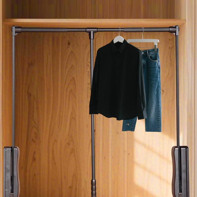 Barra de armario abatible con riel elevador, ancho ajustable para colgar ropa, organizador de almacenamiento ergonómico de aleación de aluminio Negro