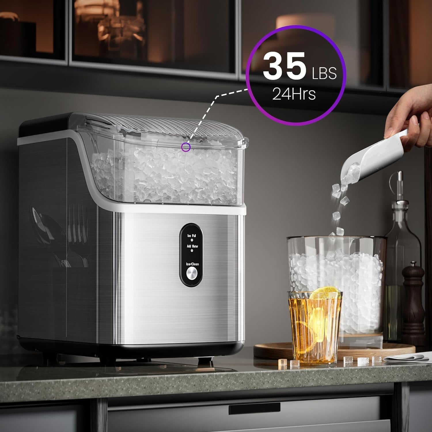 KISSAIR Nugget Ice Maker Countertop, 35lbs/24H with Self-Cleaning Function, Portable Sonic Ice Machine for Home/Office Stainless Steel,Sliver