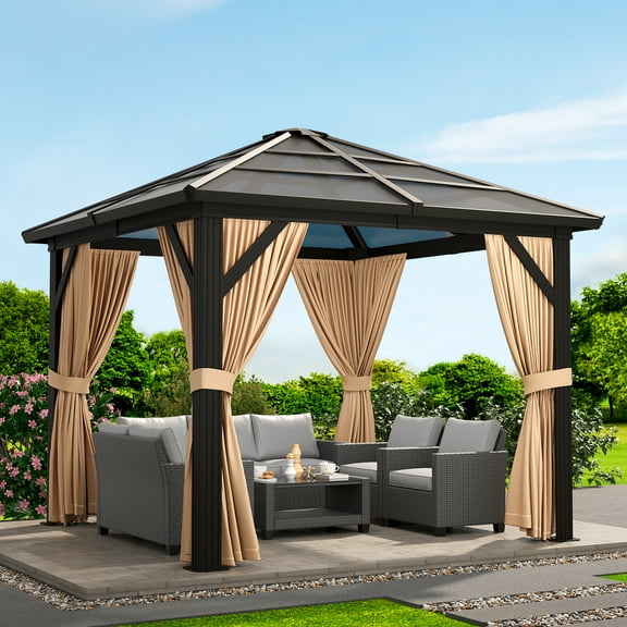 Ataucjin 10x10ft Gazebo, Hardtop Outdoor Canopy Aluminum Frame Permanent Gazebo with Netting and Curtains, Polycarbonate Garden Tent for Patio, Lawn, Backyard, Deck