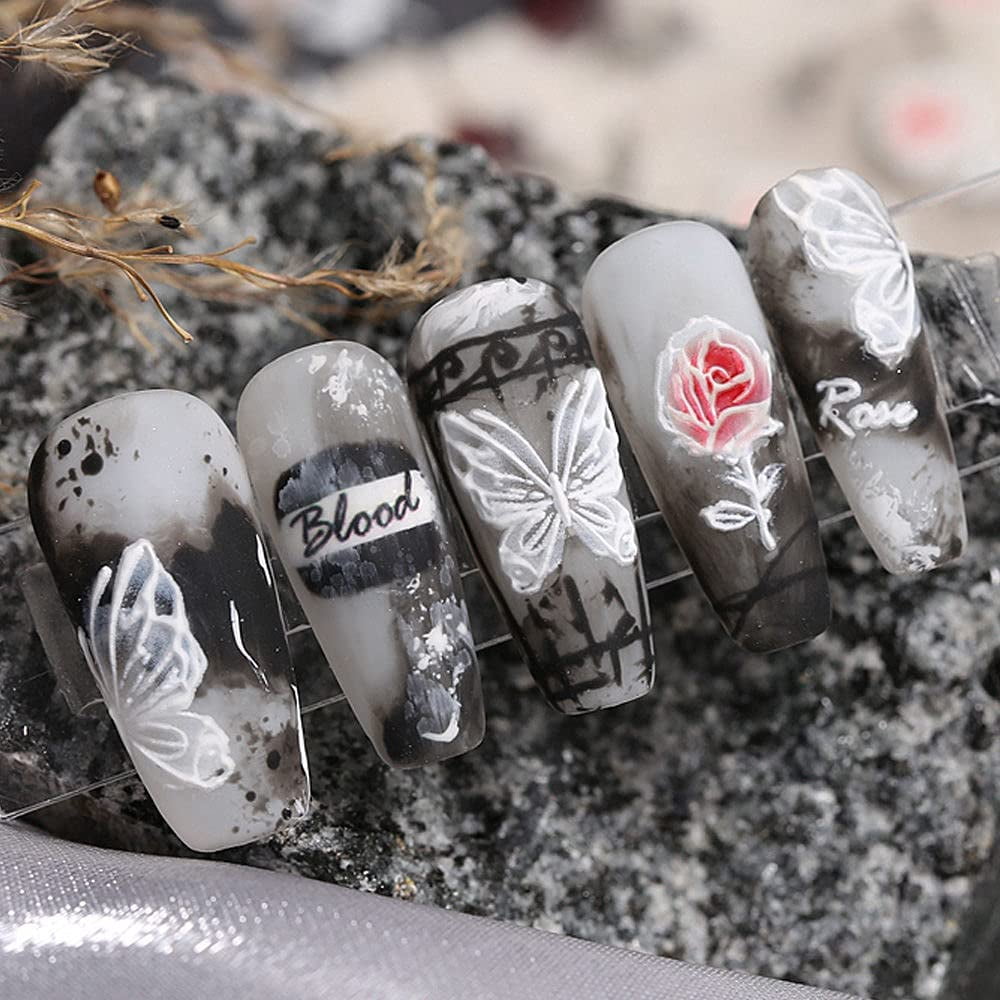 Flower Nail Art Sticker Decals 5D Exquisite Hollow Pattern Nail Art Supplies Self-Adhesive Embossed Nail Art Decoration White Feather Lace Flower Leaf Design DIY Acrylic Nail Art 3 Sheet