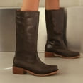 thumbnail image 2 of Women's Wide Mid Calf Cowboy Boots Vintage Brown Solid Color Western Cowgirl Boots for Motorcycle Riding Work, 2 of 5