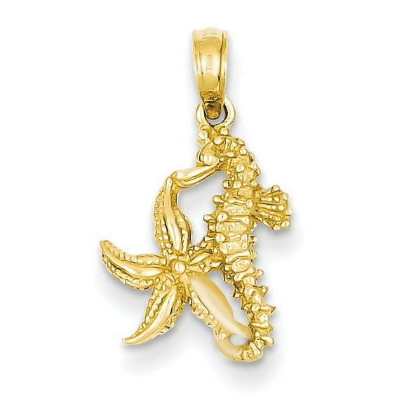 Finest Gold 14K Yellow Gold Solid Seahorse & Starfish Pendant