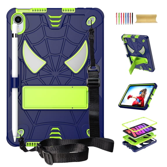 TECH CIRCLE for iPad Mini 8.3" (A17 Pro), iPad Mini 6 (8.3") 3-Layer Rugged Shockproof Case with Shoulder Strap, Built-in Kickstand, Pencil Holder, Cute Spider Heavy Duty Tablet Cover, Navy Green
