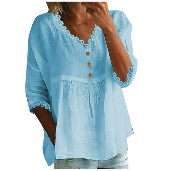 Mittory Women's Summer Cotton Linen Shirts Flowy V Neck 3/4 Sleeve Lace Tirm Loose Fit Casual Peplum Tops Blouses