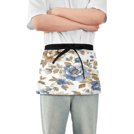 

Blue Peonies Dead Leaves Adult short apron with 3 separate pockets 100% polyester material suitable for restaurant bistro waitresses 25.2×11.8in